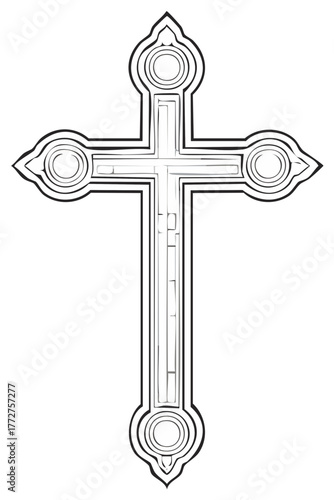 Stylized Religious Cross Outlined for Coloring and Design, Spirituality Element