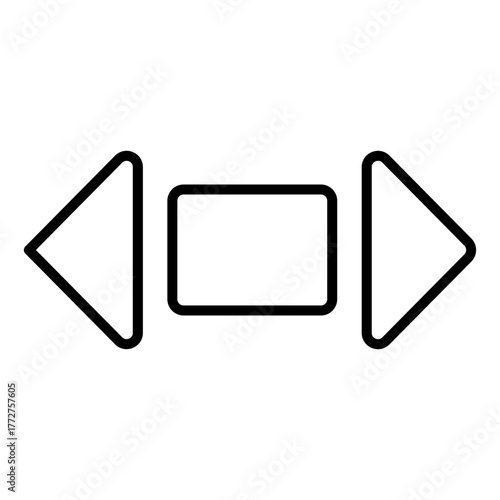 Balanced, skeletal stroke drawing representing two opposing arrowheads flanking a central rectangular element. Outline style, appropriate for sleek interfaces dealing with step-by-step navigation or m