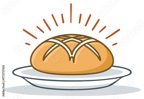 Warm freshly baked round bread loaf with a golden crust steaming on a plate illustration
