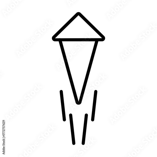Ascending, technical stroke drawing representing an upward-pointing rocket or vertical arrow with dynamic speed lines. Outline style, appropriate for sleek interfaces dealing with performance metrics,