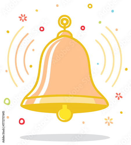Whimsical illustration of a ringing bell with colorful festive confetti and sound waves