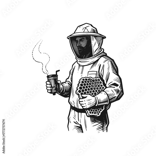 Beekeeper carrying a beehive. Black white vector illustration.