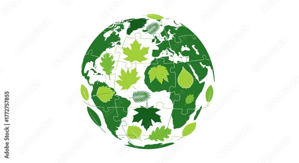 Obraz premium Green globe puzzle with leaves symbolizing environmental awareness