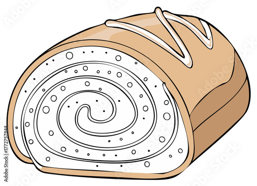 Cartoon Illustration of a Swiss Roll Cake with Cream Filling and Decorative Frosting, Pastry Dessert Image