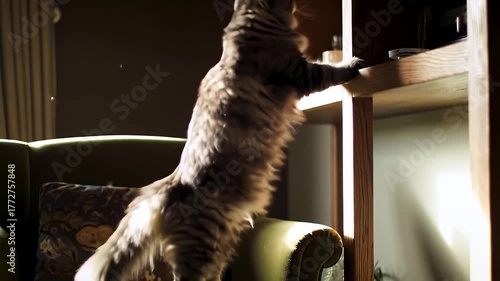 Cat Jumping onto Armchair in Sunlit Room