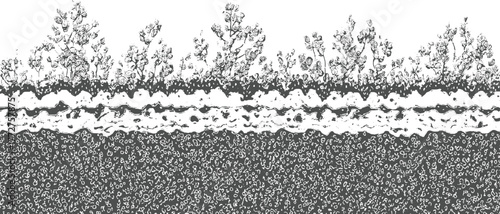 Black and white sketch of dense foliage with a textured ground pattern abstract background