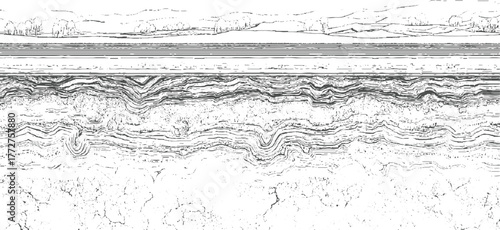 Black and white textured landscape with rolling hills and cracked ground nature trees