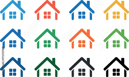 A grid of colorful house icons representing different homes and real estate options.