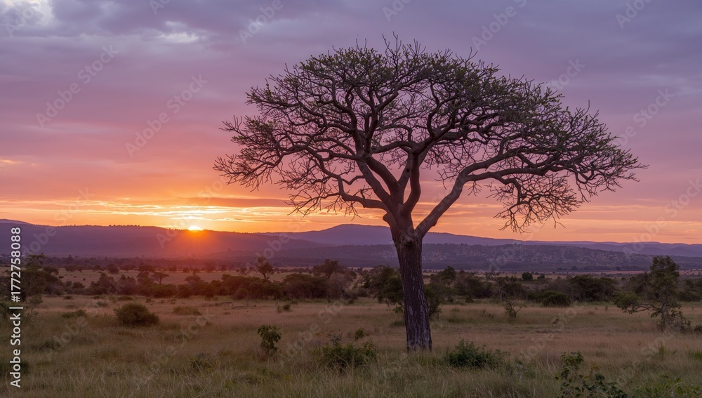 Obraz premium Golden hour over acacia trees in the savanna