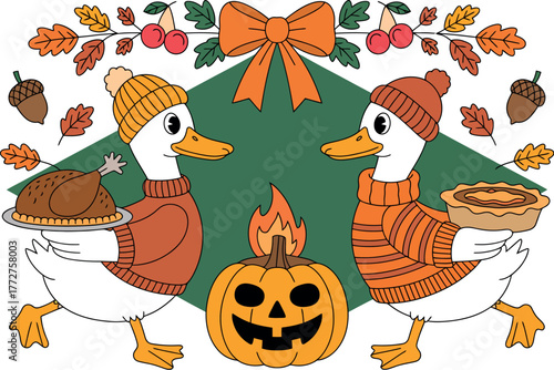Two cartoon ducks wearing sweaters and hats celebrate fall with a turkey and a pie.