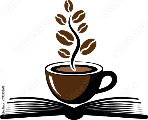 A steaming coffee cup with coffee beans growing from it sits on an open book.