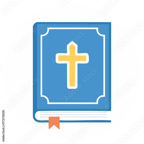 Flat design icon of the Holy Bible book, featuring a golden Christian cross on a blue cover.