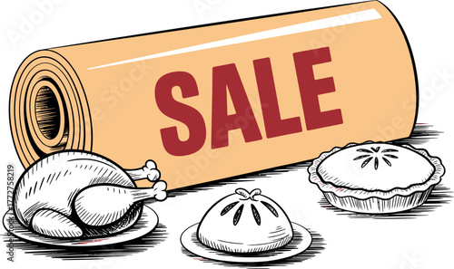 A Thanksgiving turkey and pies are displayed with a rolled-up sale banner.