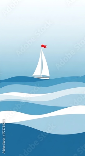 Illustration of White Sailboat with Red Flag Sailing on Blue Water Waves Minimalist Nautical Design for Posters and Backgrounds
