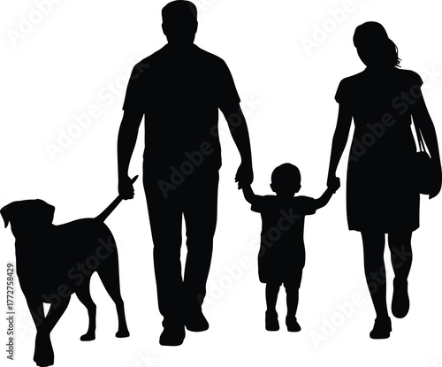 Black and white silhouette of family walking with child and dog, parents holding hands, outdoor lifestyle illustration design