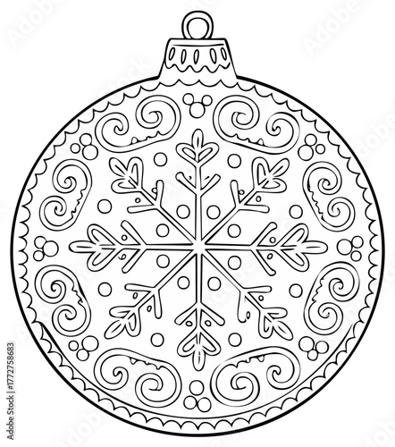 Detailed Holiday Bauble with Snowflake and Swirls for Coloring Book
