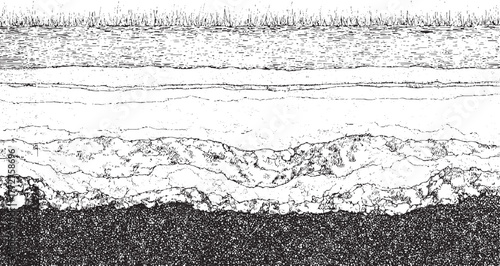 Black and white cross section illustration of soil layers with grass and water vector