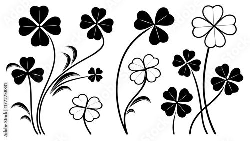 "A collection of 12 black silhouette icons of shamrocks and four-leaf clovers on a white background