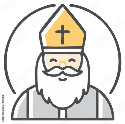 Icon of a Saint with Halo, Beard, and Mitre Hat with a Cross for Religious Celebrations, Spiritual Icons and Symbolism
