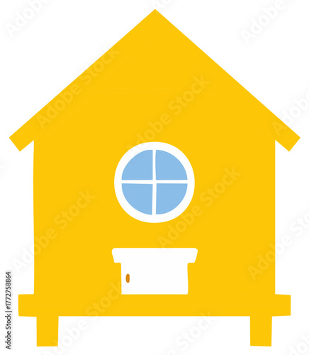 Bright yellow cartoon style children's playhouse with a round window and door