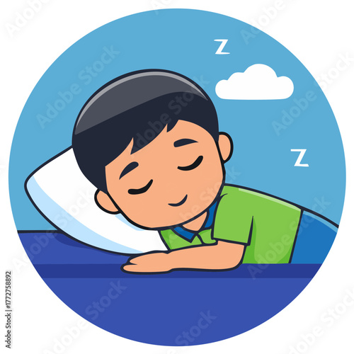 Cute cartoon boy sleeping soundly in bed with a peaceful smile. Vector icon of a happy child napping and dreaming.
