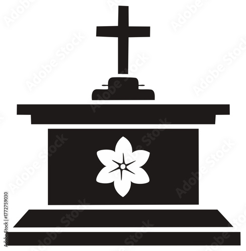 Memorial grave icon with Christian cross and flower symbol for remembrance and funeral services