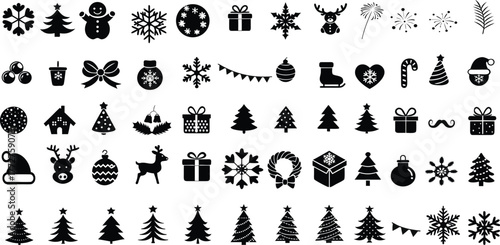 A large set of black silhouettes of various Christmas and winter icons.