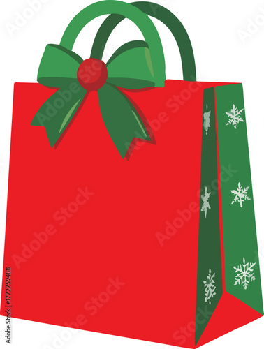 Vibrant red vector Christmas shopping bag with green ribbon bow and festive snowflake pattern
