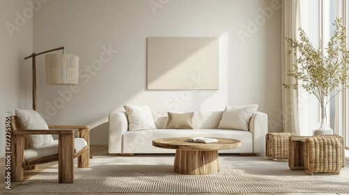 Bright modern living room interior with wooden furniture, white sofa, and natural sunlight through large windows, ideal for interior design, home decor, and architecture inspiration