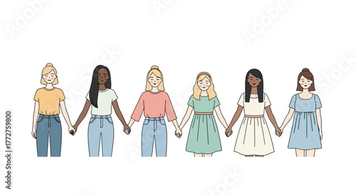 Diverse group of young women holding hands, illustration symbolizing unity and girl power,