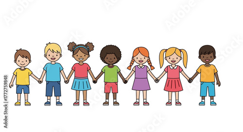 Diverse group of cheerful children standing hand in hand symbolizing global unity and friendship