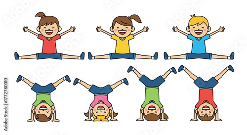 Cartoon illustration showcasing children doing stretching exercises and inverted poses with happy