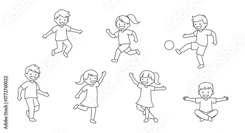 Cartoon character outline illustration of active kids in various actions and poses for use in