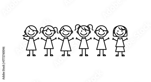 Illustrative depiction of a group of happy young girls standing and holding hands