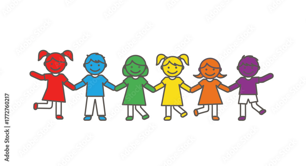 Fototapeta premium Vibrant spectrum of youthful unity: An inclusive representation of diverse children holding hands