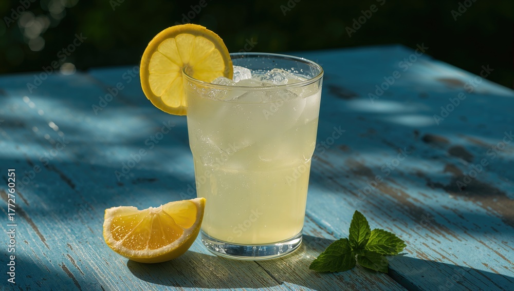 Fototapeta premium Chilled homemade lemonade with a tangy twist served in a glass on a rustic blue wooden surface