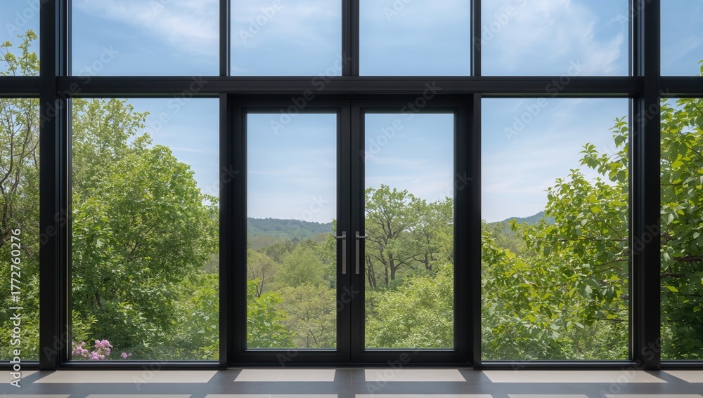 Fototapeta premium Black aluminum swing doors with large windows offering a view of nature