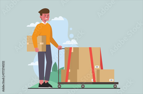 Delivery Worker Carrying Boxes on Trolley – Logistics and Shipping Concept Illustration