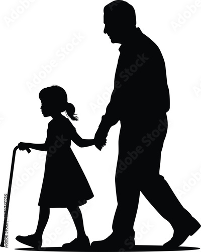 Black and white silhouette of grandfather walking with granddaughter holding hands, symbolizing love, care, family bond, and generational connection
