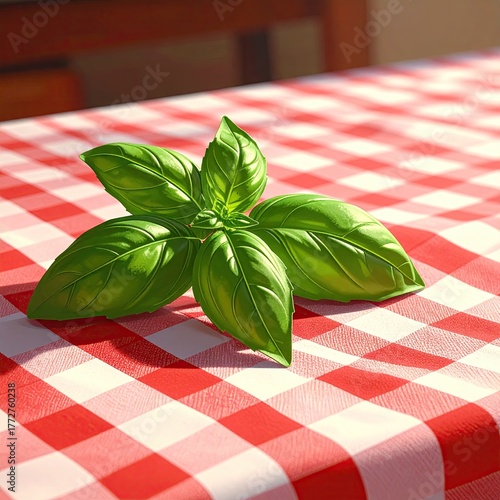 Close-up of Fresh Green Basil Leaves on a Red and White Checkered Tablecloth