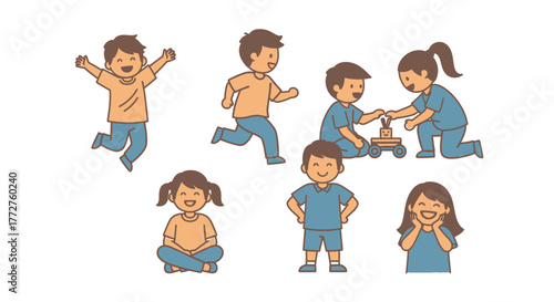 Cartoon children engaging in playful activities on a white background showcase happiness