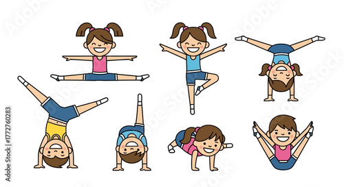 Smiling cartoon girls practicing diverse yoga and gymnastic poses with joyful expressions concept