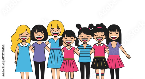 Illustrative depiction of diverse group of girls bonding happily together in unity and friendship