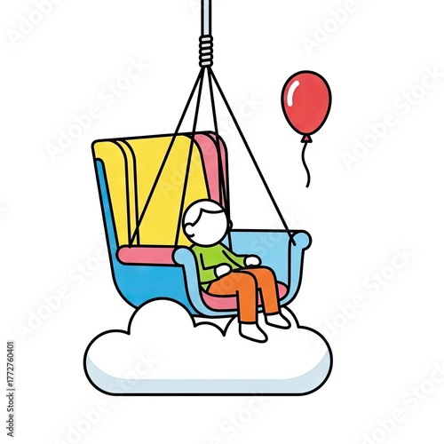 Cartoon Illustration of Person in Swing Above Cloud with Red Balloon