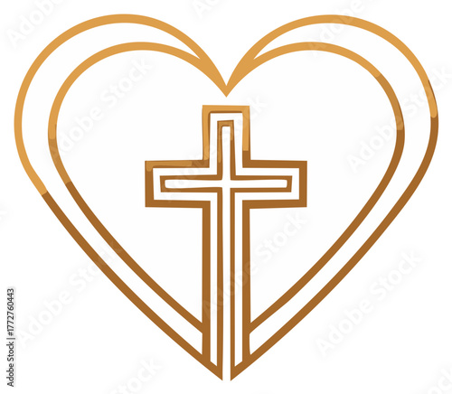 Christian Cross Inside Gold Heart Outline Religious Symbol