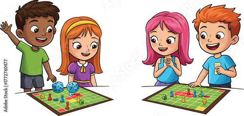 Children playing board games, kids strategy fun, colorful dice and cards, indoor activity, teamwork, happy expressions, learning through play