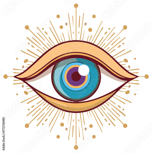 Symbolic illustration of a stylized all-seeing eye, radiating golden light.