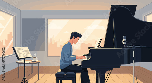 Illustration of a young man playing grand piano in room with city view, concept for music education, creative performance and musical instrument advertising