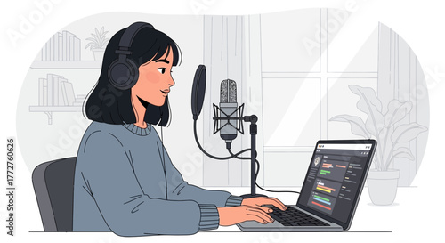 Young woman with headphones recording podcast using microphone and laptop in home studio, concept for content creation, online broadcasting and digital communication