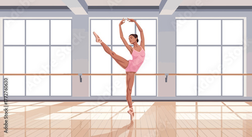 Elegant ballerina in pink leotard gracefully performs arabesque position in studio with large windows, concept for dance education, artistic performance and flexibility training